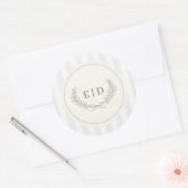 Blauw & Salie Gestreepte Monogram Bruiloft Ronde Sticker (Envelop)