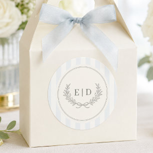 Blauw & Salie Gestreepte Monogram Bruiloft Ronde Sticker
