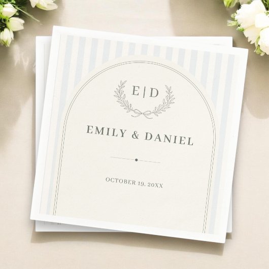 Blauw & Salie Gestreepte Monogram Bruiloft Servet