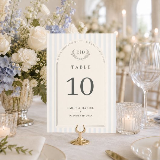 Blauw & Saliegroen Gestreepte Monogram Bruiloft  Kaart