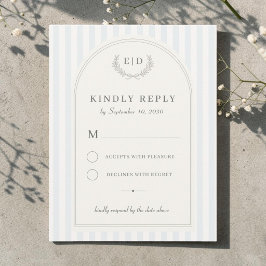 Blauw & Saliegroen Gestreepte Monogram Huwelijk RSVP Kaartje