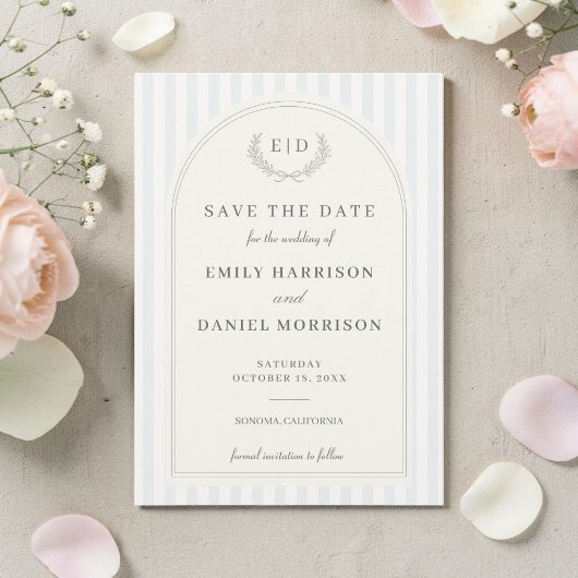Blauw & Saliegroen Gestreepte Monogram Huwelijk Save The Date