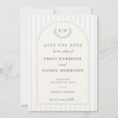 Blauw & Saliegroen Gestreepte Monogram Huwelijk Save The Date (Voorkant)
