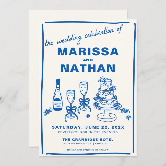 Blauw Samen Tekenen Huwelijksuitnodiging Kaart (Voorkant / Achterkant)