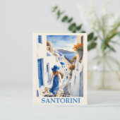 Blauw Santorini Griekenland Grieks Reizen Vrouw Briefkaart (Staand voorkant)