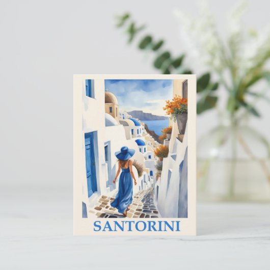  Blauw Santorini Griekenland Grieks Reizen Vrouw Briefkaart (Staand voorkant)