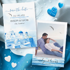 Blauw Santorini Griekenland waterverf foto bruilof Save The Date