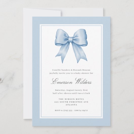 Blauw  Satijn Bow Baby Jongensdouche Kaart (Voorkant)