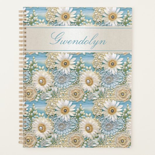 Blauw Satijn Daisy & Parels 3D Planner (Voorkant)
