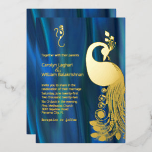 Blauw Satijn met Gouden Pauw en Ganesha Bruiloft  Folie Uitnodiging
