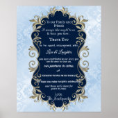 Blauw Satijnen Gouden Metalen Kader Trouw Begroeti Poster (Voorkant)