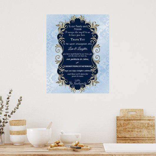 Blauw Satijnen Gouden Metalen Kader Trouw Begroeti Poster (Keuken)