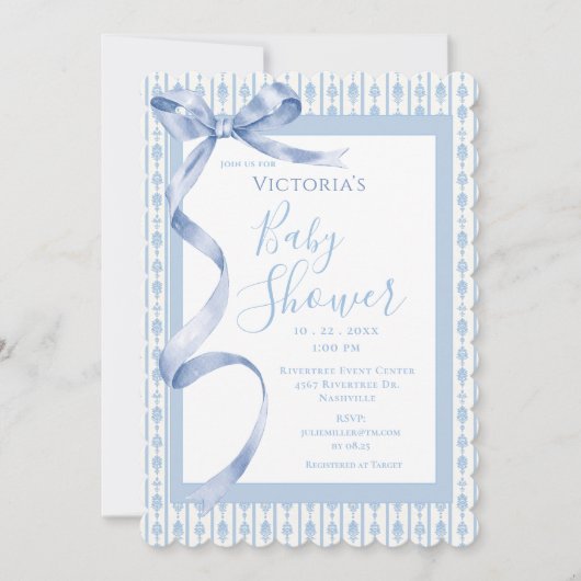 Blauw satijnen lint Elegante Baby Boy Douche Kaart (Voorkant)