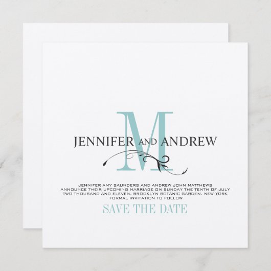 Blauw Save the Date Monogram Aankondiging (Voorkant / Achterkant)