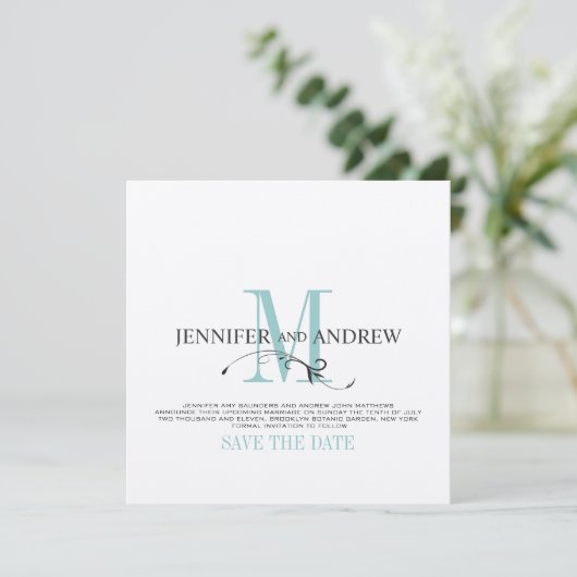 Blauw Save the Date Monogram Aankondiging (Staand voorkant)