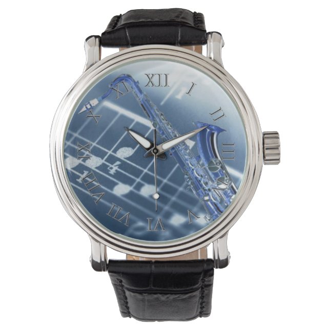 Blauw saxofoon horloge (Voorkant)