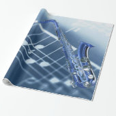 Blauw saxophone-omslagpapier cadeaupapier (Uitgerold)