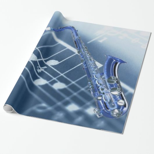 Blauw saxophone-omslagpapier cadeaupapier (Uitgerold)