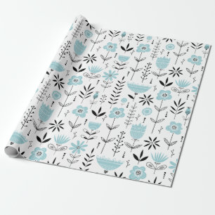 Blauw Scandinavisch bloempatroon Cadeaupapier