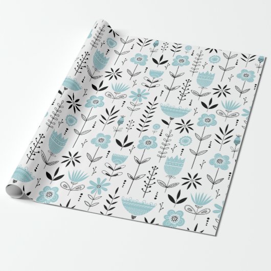 Blauw Scandinavisch bloempatroon Cadeaupapier (Uitgerold)