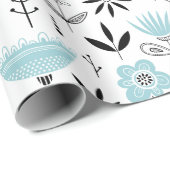 Blauw Scandinavisch bloempatroon Cadeaupapier (Rol Hoek)