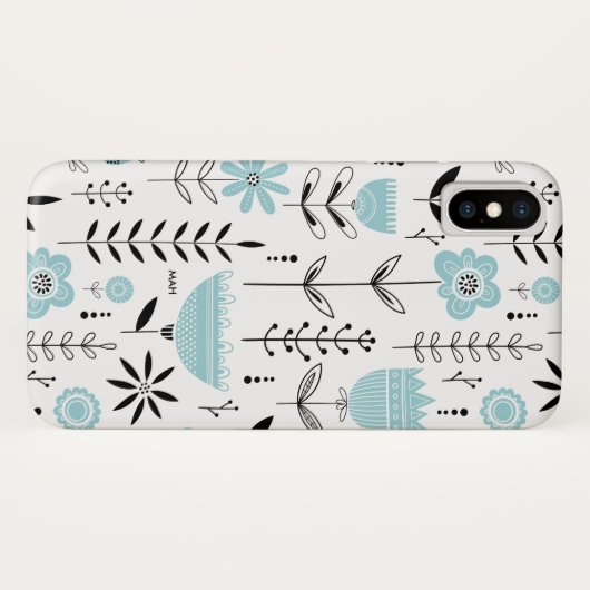 Blauw Scandinavisch Bloempatroon Monogram Case-Mate iPhone Case (Achterkant (horizontaal))