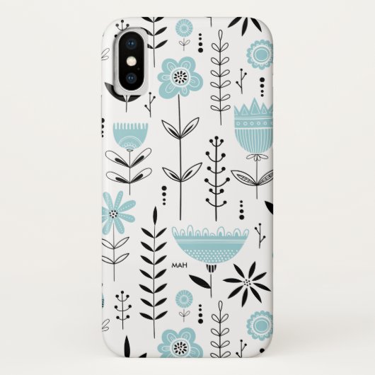 Blauw Scandinavisch Bloempatroon Monogram Case-Mate iPhone Case (Achterkant)