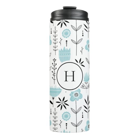 Blauw Scandinavisch Bloempatroon Monogram Thermosbeker (Voorkant)