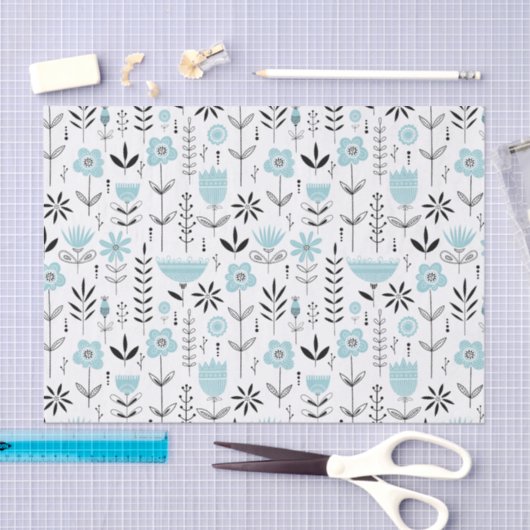 Blauw Scandinavisch bloempatroon Tissuepapier (Craft)