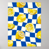 Blauw schaakbord citroen muurkunstprint poster (Voorkant)