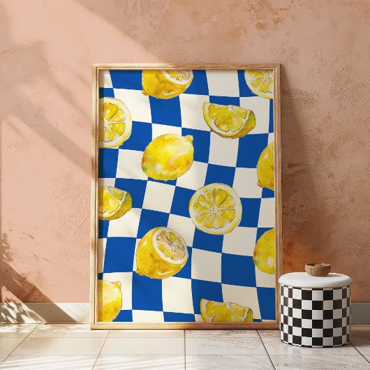 Blauw schaakbord citroen muurkunstprint poster