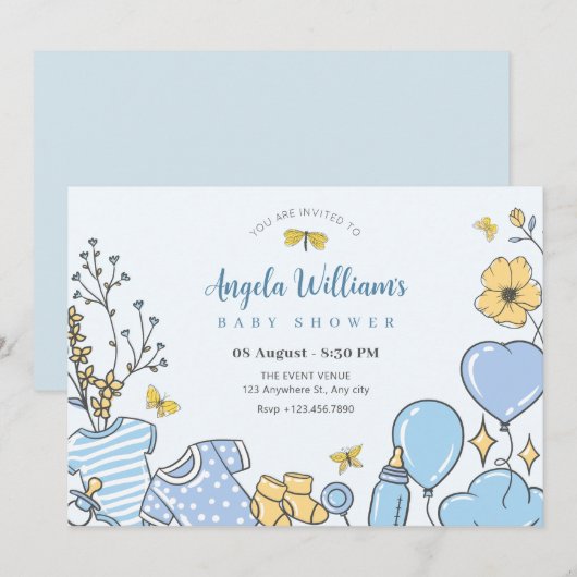 Blauw schattig baby shower kaart (Voorkant / Achterkant)