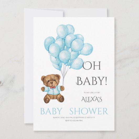 Blauw schattig Oh baby shower met Teddy beerballon Kaart (Voorkant)