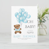 Blauw schattig Oh baby shower met Teddy beerballon Kaart (Staand voorkant)