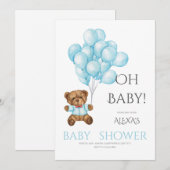 Blauw schattig Oh baby shower met Teddy beerballon Kaart (Voorkant / Achterkant)