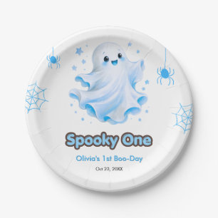 Blauw Schattig Spook Halloween 1e Verjaardag Papieren Bordje