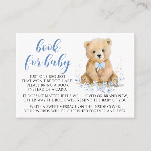 Blauw schattig teddybeer boek voor baby boy douche informatiekaartje (Voorkant)