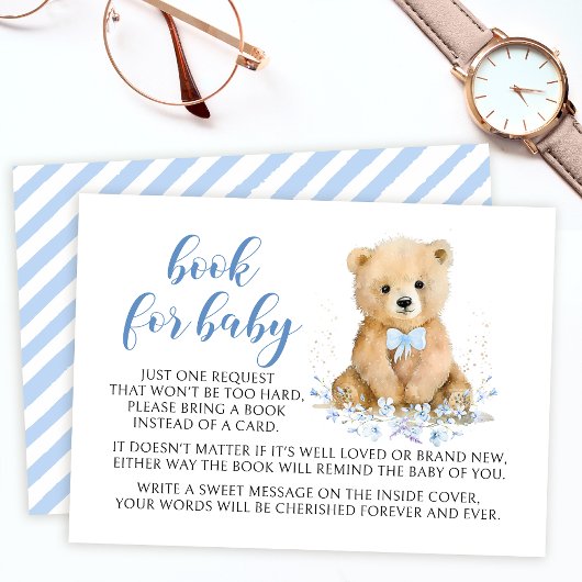 Blauw schattig teddybeer boek voor baby boy douche informatiekaartje