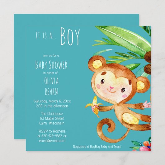 Blauw Schattige Aap Baby Boy Kaart (Voorkant / Achterkant)