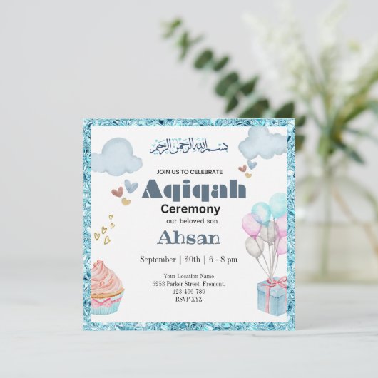 Blauw Schattige Aqeeqah- Aqiqah- Uitnodiging (Staand voorkant)