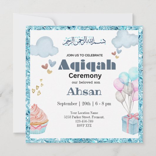 Blauw Schattige Aqeeqah- Aqiqah- Uitnodiging (Voorkant)