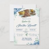 Blauw Schattige Bloemen Custom Foto Dopen Religieu Kaart (Voorkant)