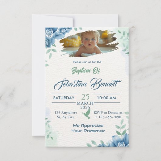 Blauw Schattige Bloemen Custom Foto Dopen Religieu Kaart (Voorkant)