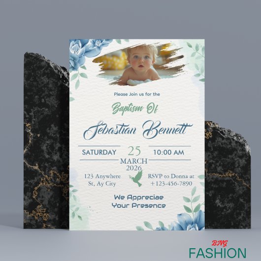 Blauw Schattige Bloemen Custom Foto Dopen Religieu Kaart