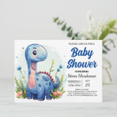 Blauw Schattige Digitaal Dinosaur Jongen Baby show Kaart (Staand voorkant)