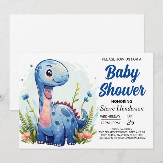 Blauw Schattige Digitaal Dinosaur Jongen Baby show Kaart (Voorkant / Achterkant)