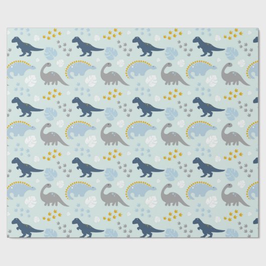 Blauw Schattige Dinosaurus Baby shower Pattern Cadeaupapier (Vlak)