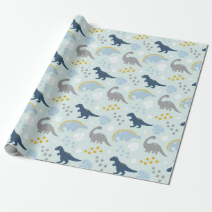 Blauw Schattige Dinosaurus Baby shower Pattern Cadeaupapier