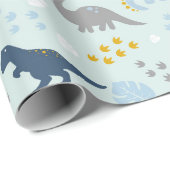Blauw Schattige Dinosaurus Baby shower Pattern Cadeaupapier (Rol Hoek)