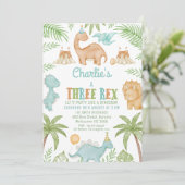 Blauw Schattige Drie Rex Dinosaurus 3e Verjaardag Kaart (Staand voorkant)